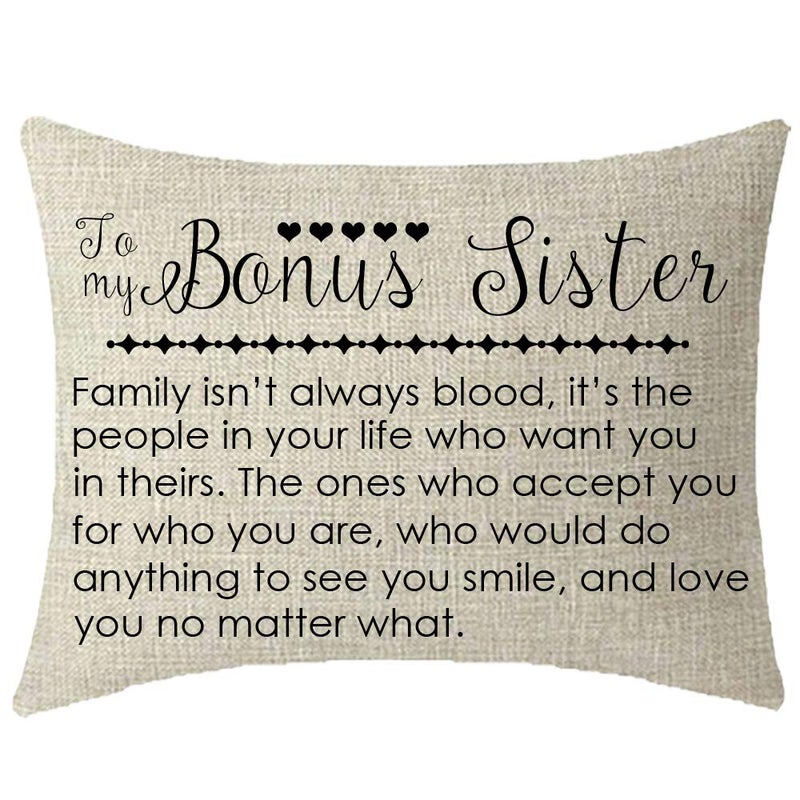 NIDITW to My Bonus Sister in Law Gift with Inspirational Funny Sayings Words Lumbar Cream Burlap Decorative Rectangle Pillow Case Pillowcase for Sofa Home Decorative 12x20 Inches (1-Cream)